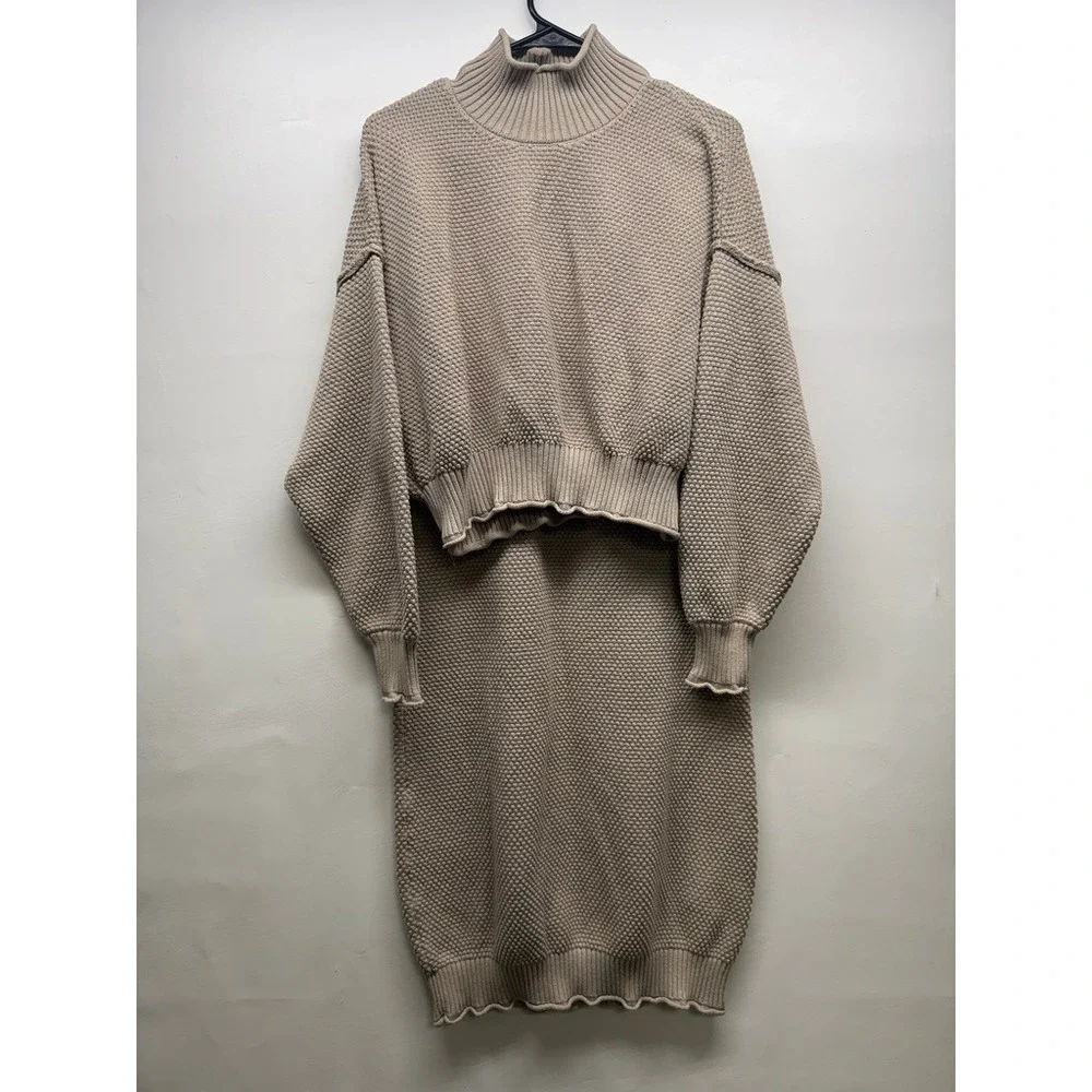 Free‎ People Beach Hailee Sweater Skirt Set Women S Tan Two Piece Knit Mock Neck